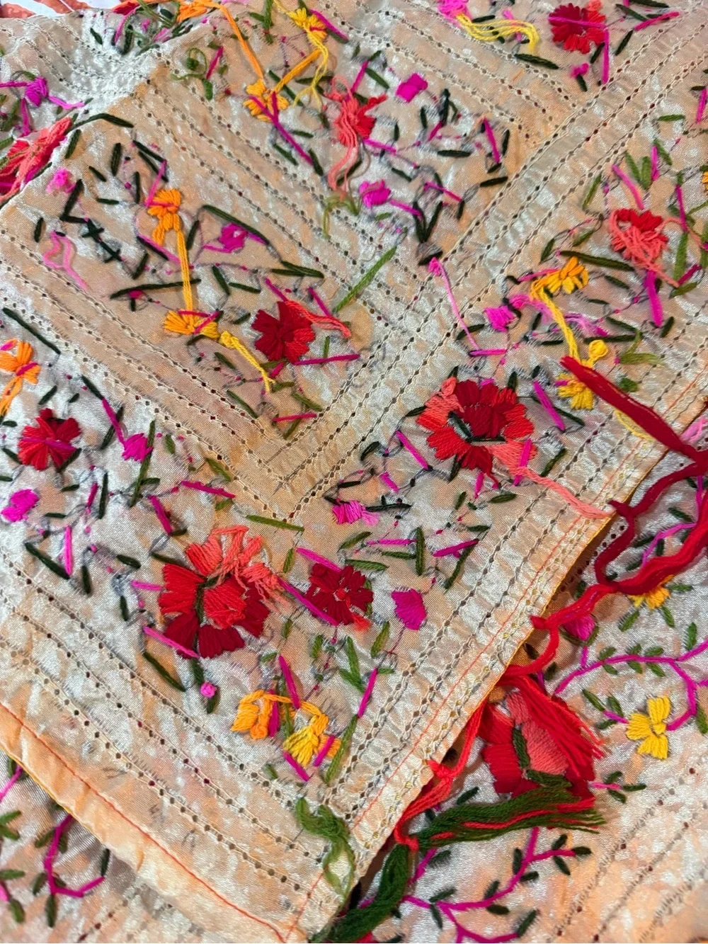 Embroidered Floral Wrap Scarf in Pink, Red & Orange